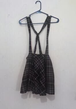 Hot Topic Black and Gray Tartan Suspender Skirt